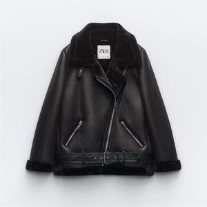 ZARA Black Faux-Shearling Biker Jacket with Belted Hem